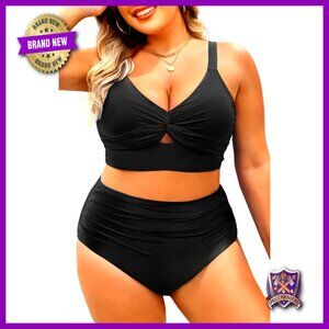 Plus Size High Waist Bikini Set Tummy Control Knot Twist Top